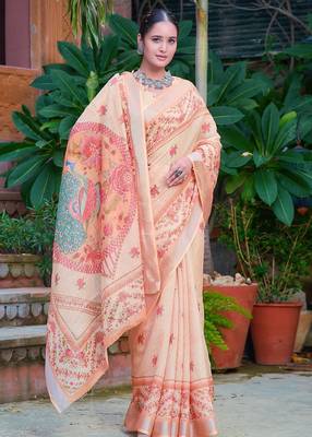 beige printed pure cotton beige saree with blouse 5