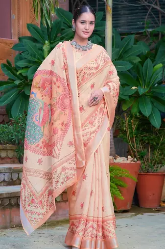 beige printed pure cotton beige saree with blouse