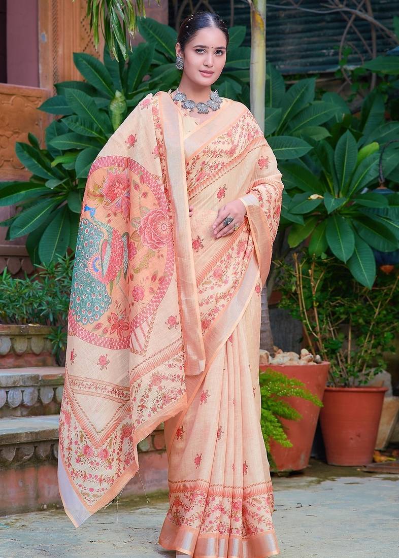 beige printed pure cotton beige saree with blouse