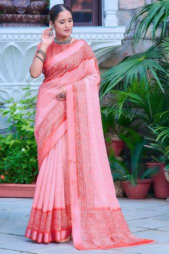 pink printed pure cotton pink saree with blouse