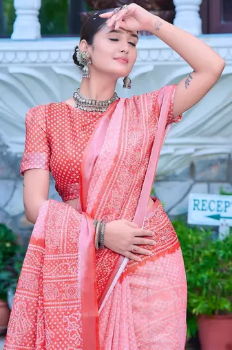 pink printed pure cotton pink saree with blouse