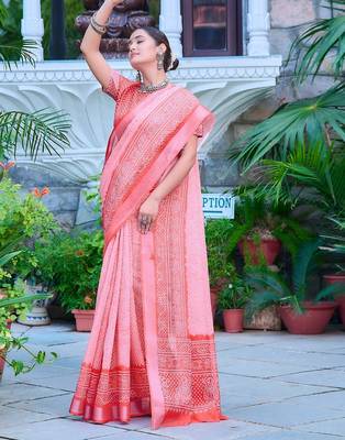 pink printed pure cotton pink saree with blouse 4