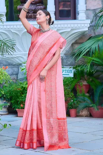 pink printed pure cotton pink saree with blouse