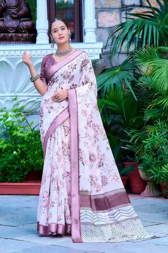 Purple printed pure cotton multicolor saree with blouse