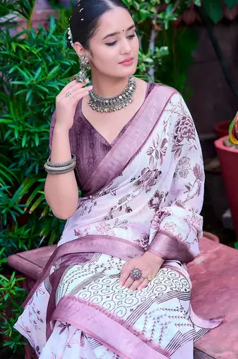 Purple printed pure cotton multicolor saree with blouse
