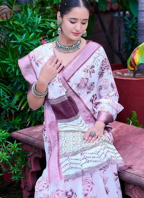 Purple printed pure cotton multicolor saree with blouse 5