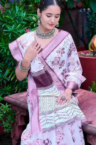 Purple printed pure cotton multicolor saree with blouse