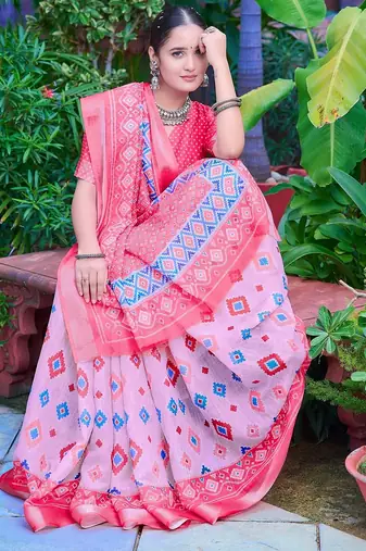 light_pink printed pure cotton light pink saree with blouse