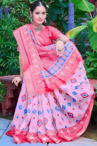 light_pink printed pure cotton light pink saree with blouse
