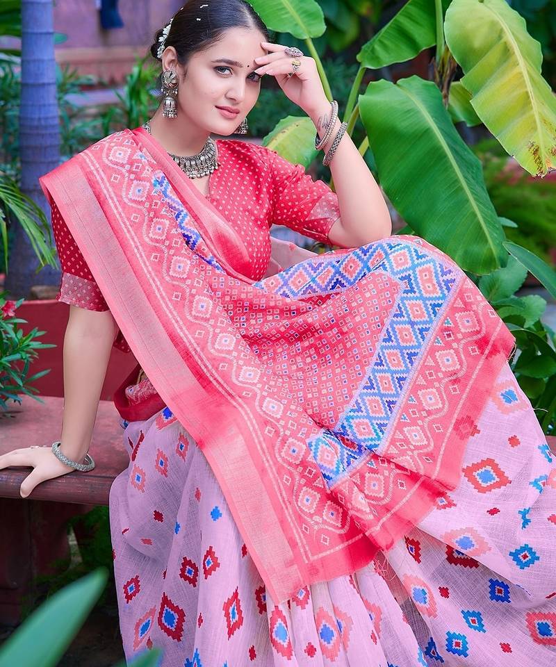 light_pink printed pure cotton light pink saree with blouse