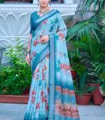 sky_blue printed pure cotton sky blue saree with blouse