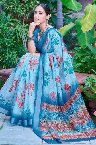 sky_blue printed pure cotton sky blue saree with blouse