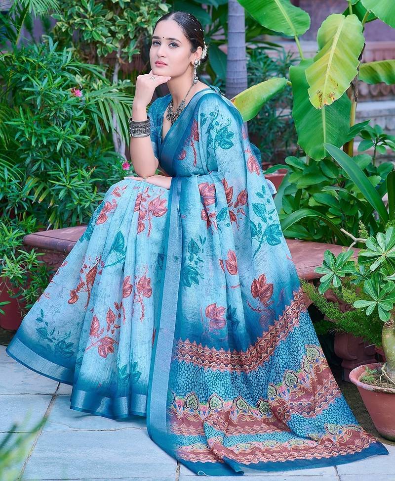 sky_blue printed pure cotton sky blue saree with blouse