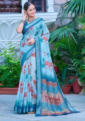 sky_blue printed pure cotton sky blue saree with blouse 3