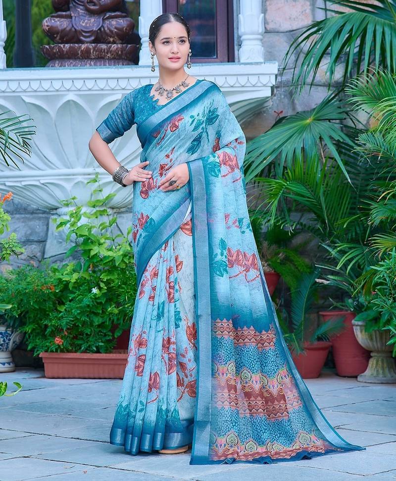 sky_blue printed pure cotton sky blue saree with blouse