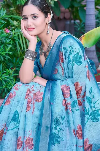 sky_blue printed pure cotton sky blue saree with blouse