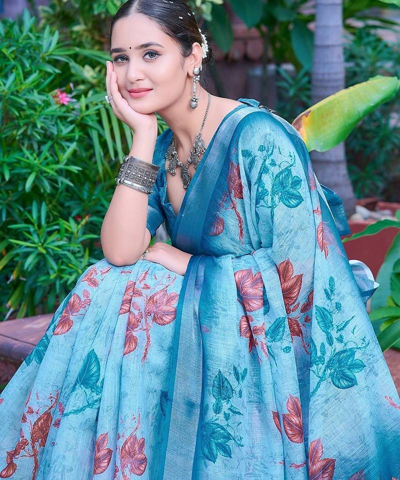 sky_blue printed pure cotton sky blue saree with blouse