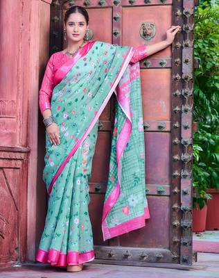 sea_green printed pure cotton sea green saree with blouse 1