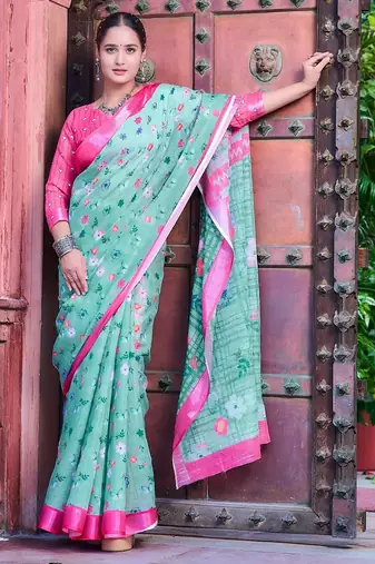 sea_green printed pure cotton sea green saree with blouse