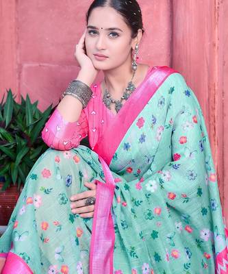 sea_green printed pure cotton sea green saree with blouse 2