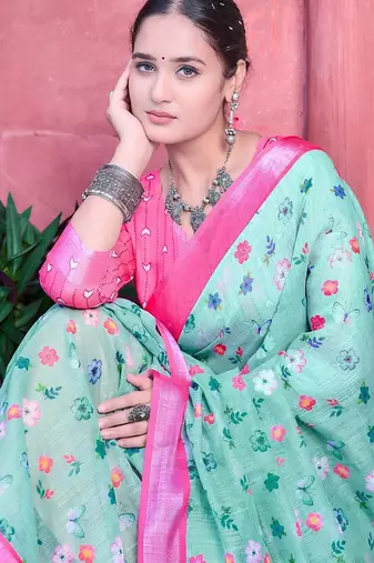 sea_green printed pure cotton sea green saree with blouse
