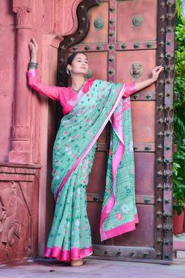 sea_green printed pure cotton sea green saree with blouse 3