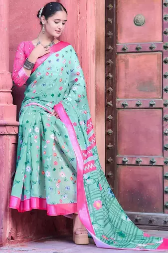 sea_green printed pure cotton sea green saree with blouse