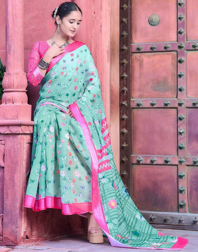 sea_green printed pure cotton sea green saree with blouse