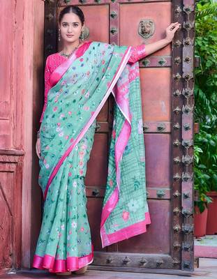 sea_green printed pure cotton sea green saree with blouse 5