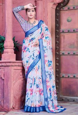 blue printed pure cotton white, blue saree with blouse 1
