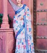 blue printed pure cotton white, blue saree with blouse