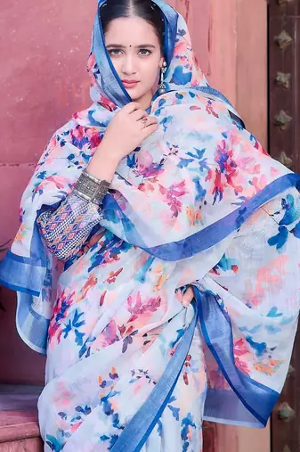blue printed pure cotton white, blue saree with blouse