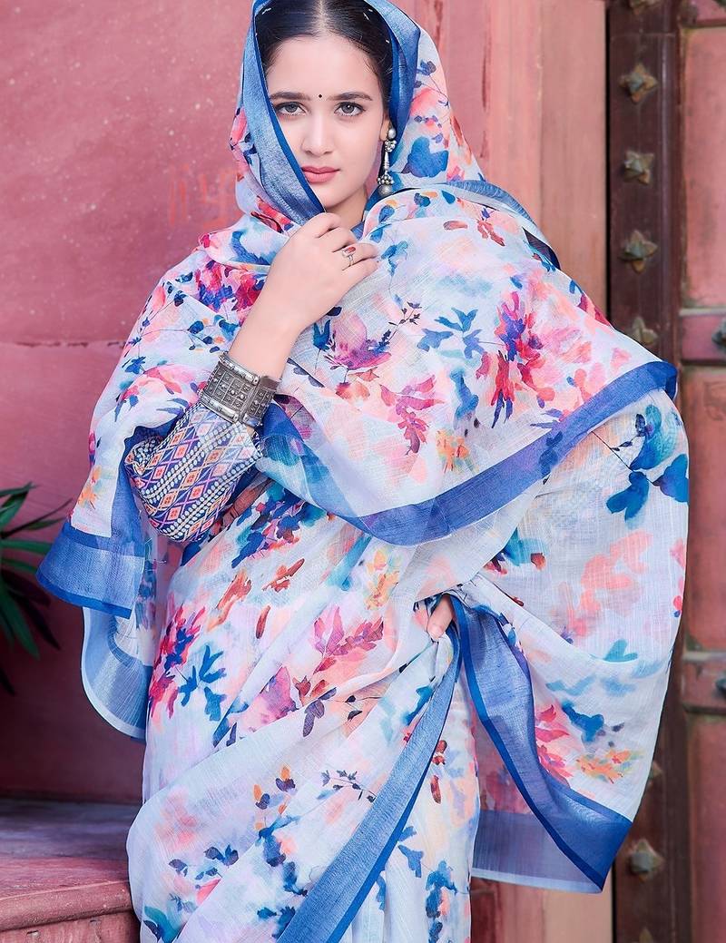 blue printed pure cotton white, blue saree with blouse