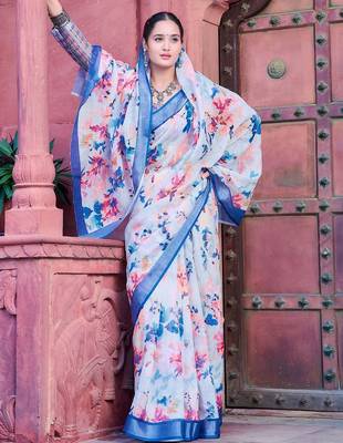 blue printed pure cotton white, blue saree with blouse 4