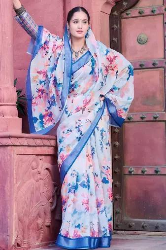 blue printed pure cotton white, blue saree with blouse
