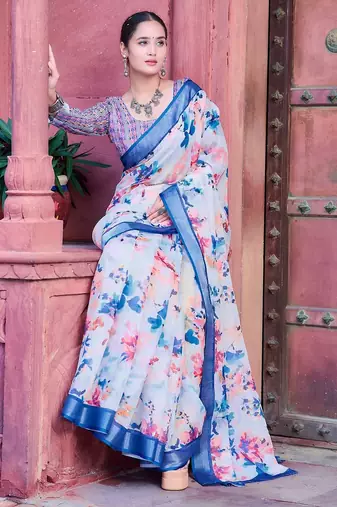 blue printed pure cotton white, blue saree with blouse