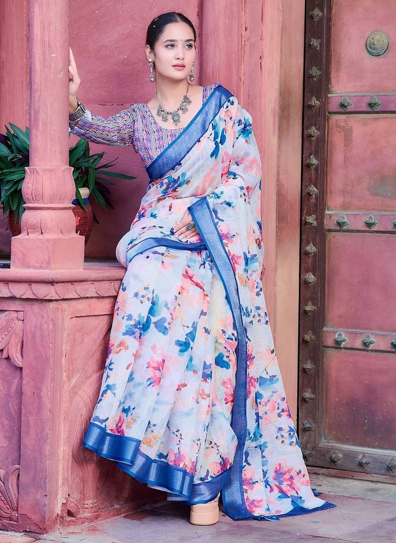 blue printed pure cotton white, blue saree with blouse
