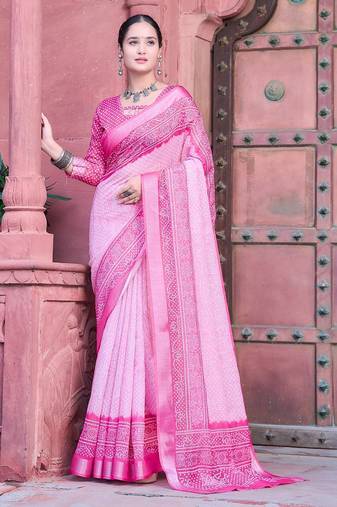 light_pink printed pure cotton light pink saree with blouse