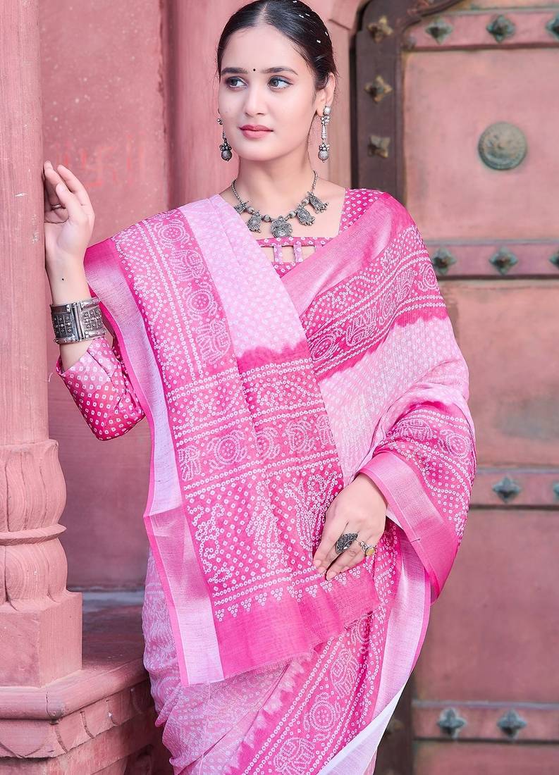 light_pink printed pure cotton light pink saree with blouse