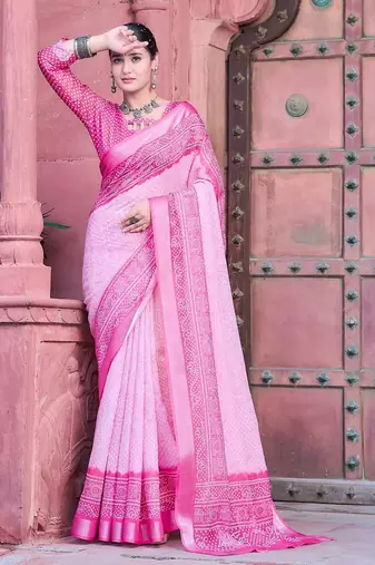 light_pink printed pure cotton light pink saree with blouse