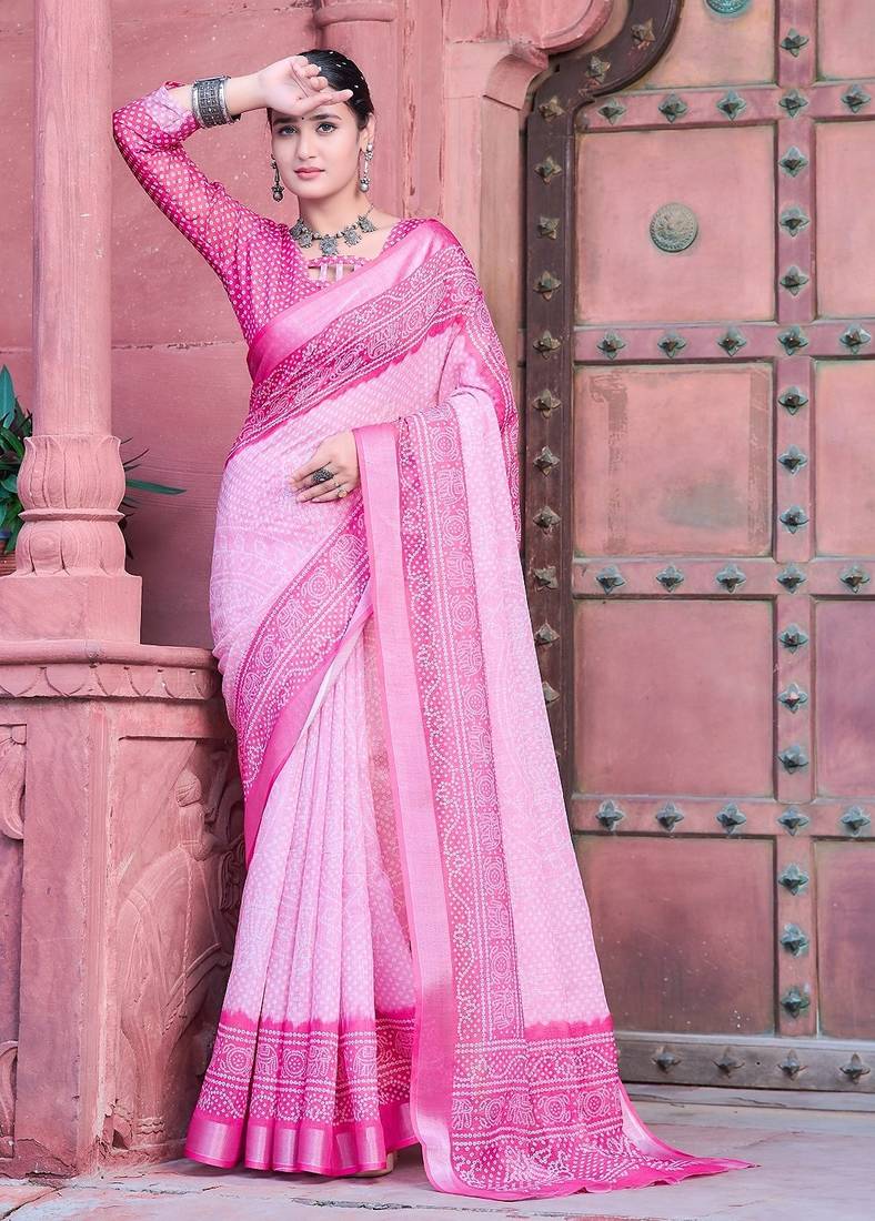 light_pink printed pure cotton light pink saree with blouse