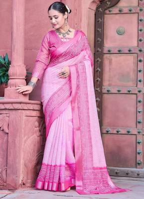 light_pink printed pure cotton light pink saree with blouse 4