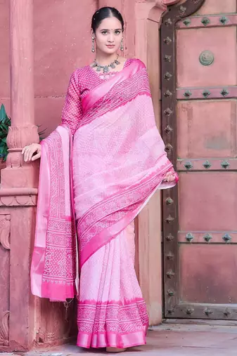 light_pink printed pure cotton light pink saree with blouse