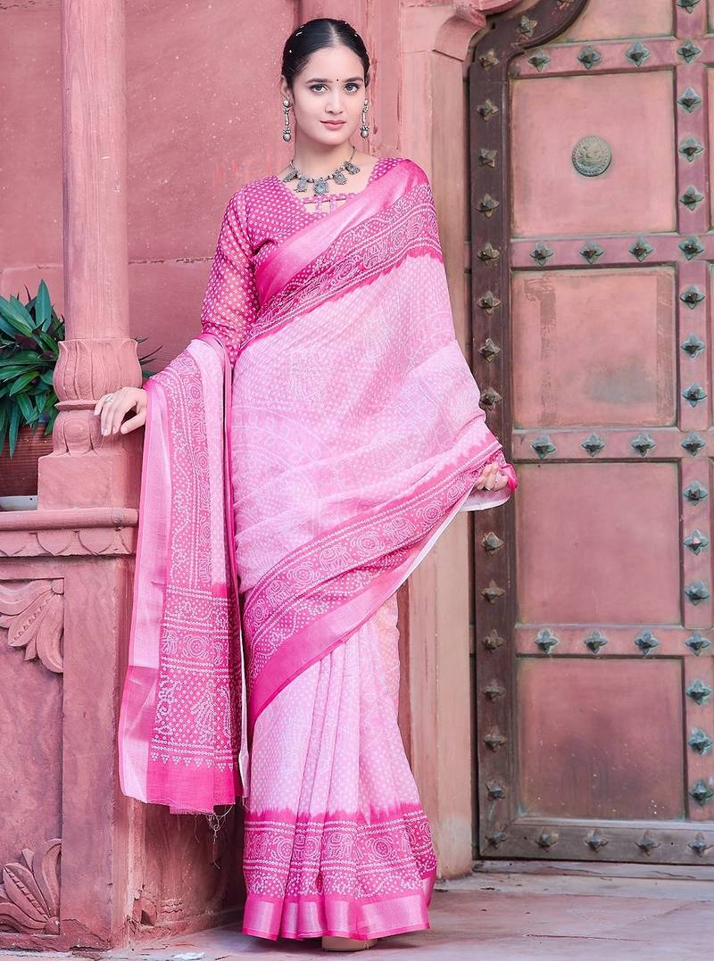 light_pink printed pure cotton light pink saree with blouse