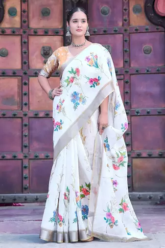 white printed pure cotton white saree with blouse