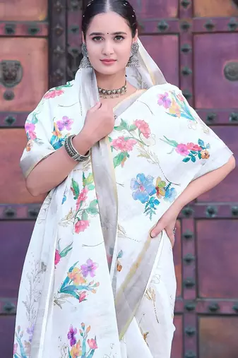 white printed pure cotton white saree with blouse