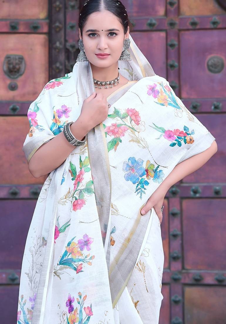 white printed pure cotton white saree with blouse