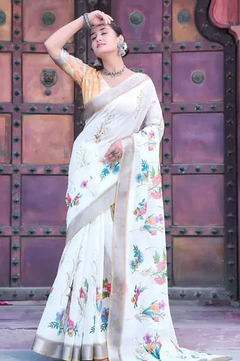 white printed pure cotton white saree with blouse