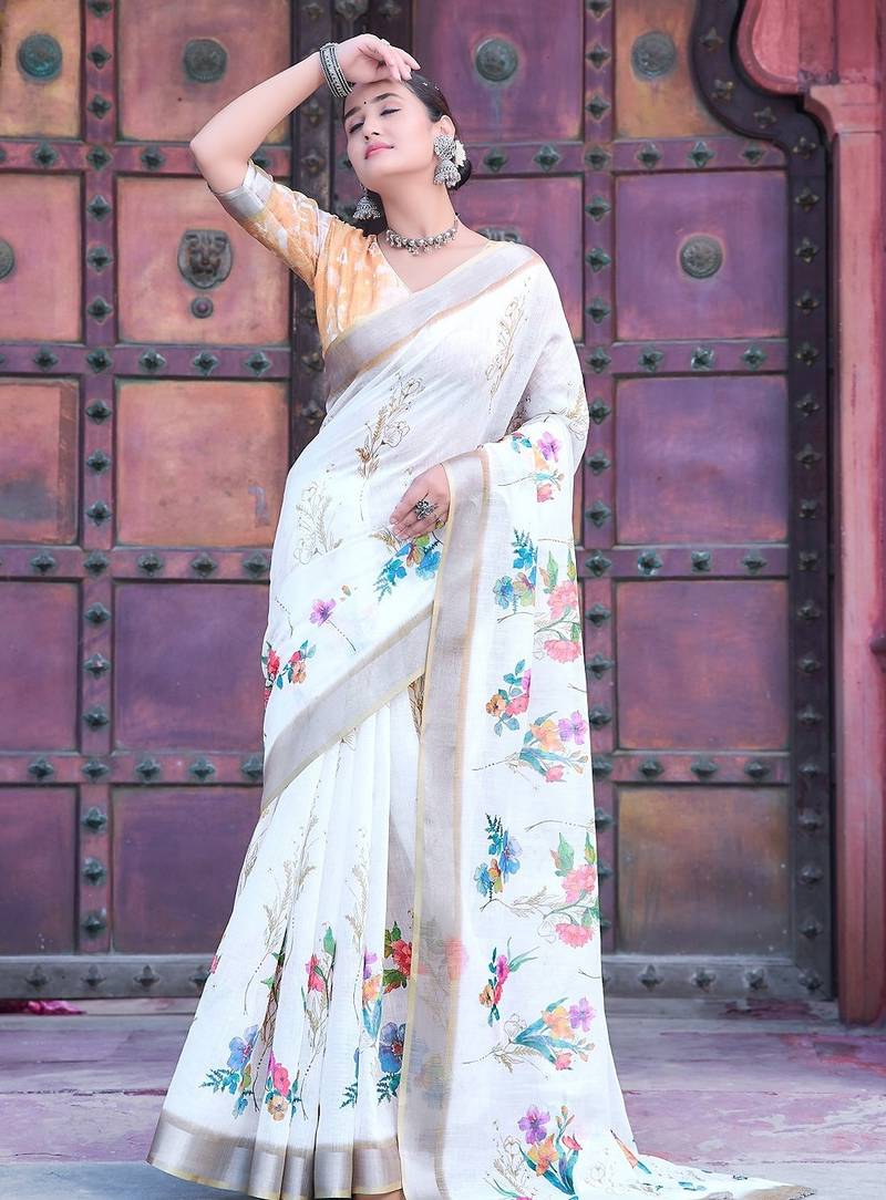 white printed pure cotton white saree with blouse