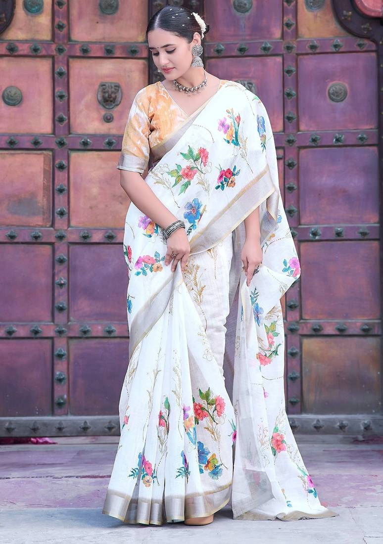 white printed pure cotton white saree with blouse